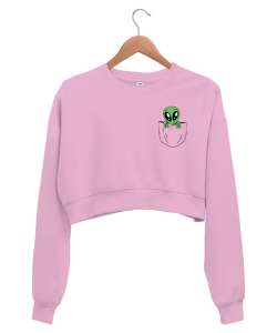 Cepteki Sevimli Uzaylı Yaratık Pembe Kadın Crop Sweatshirt