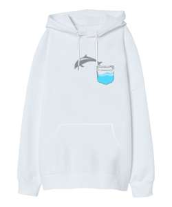 Cepteki Yunus - Dolphin Beyaz Oversize Unisex Kapüşonlu Sweatshirt