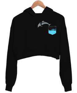 Cepteki Yunus Siyah Kadın Crop Hoodie Kapüşonlu Sweatshirt