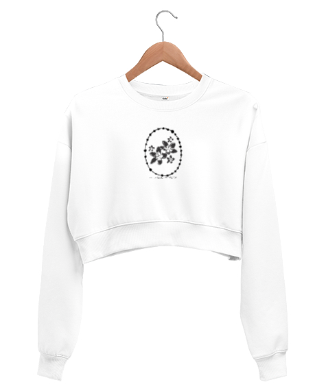 Tisho - çerçeveli çiçek baskısı Beyaz Kadın Crop Sweatshirt