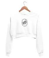 çerçeveli çiçek baskısı Beyaz Kadın Crop Sweatshirt - Thumbnail