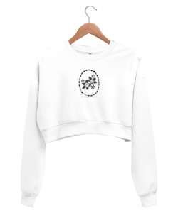 çerçeveli çiçek baskısı Beyaz Kadın Crop Sweatshirt