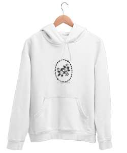 çerçeveli çiçek baskısı Beyaz Unisex Kapşonlu Sweatshirt