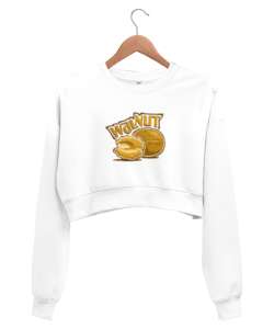 Ceviz baskılı Beyaz Kadın Crop Sweatshirt