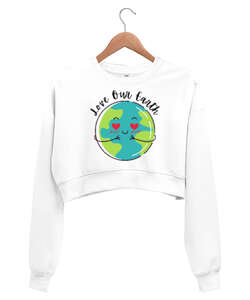 Çevreci Save the earth Beyaz Kadın Crop Sweatshirt