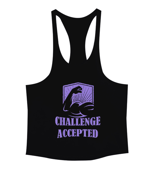 Challenge Accepted Bodybuilding Powerlift Tasarım Baskılı Siyah Erkek Tank Top Atlet