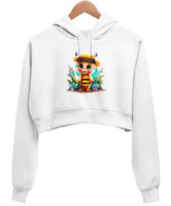 Charming Bee Print Beyaz Kadın Crop Hoodie Kapüşonlu Sweatshirt