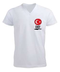 Chef Baskılı Aşçı Beyaz Erkek Kısa Kol V Yaka Tişört