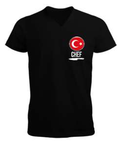 Chef Baskılı Aşçı Siyah Erkek Kısa Kol V Yaka Tişört