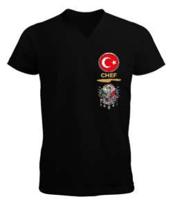 Chef Yazılı Türk Bayraklı Osmanlı Logolu Siyah Erkek Kısa Kol V Yaka Tişört