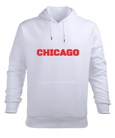 CHICAGO Baskılı Beyaz Erkek Kapüşonlu Hoodie Sweatshirt