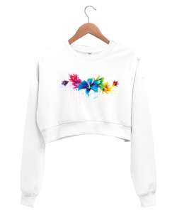 Çiçek baskılı Beyaz Kadın Crop Sweatshirt