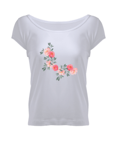 ÇİÇEK BASKILI KADIN GENİŞ YAKA TİŞÖRT FLOWERWOMEN PRINTED WOMEN T-SHIRT Kadın Geniş Yaka Tişört