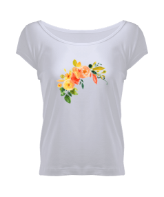 ÇİÇEK BASKILI KADIN GENİŞ YAKA TİŞÖRT FLOWERWOMEN PRINTED WOMEN T-SHIRT Kadın Geniş Yaka Tişört