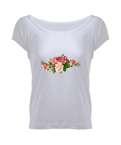 ÇİÇEK BASKILI KADIN GENİŞ YAKA TİŞÖRT FLOWERWOMEN PRINTED WOMEN T-SHIRT Kadın Geniş Yaka Tişört