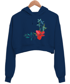 ÇİÇEK BASKILI LACİVERT KADIN KAPŞONLU SİYAH CROP SWEATSHİRT Kadın Crop Hoodie Kapüşonlu Sweatshirt