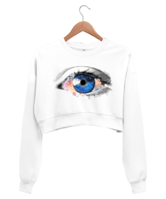 Çiçek Motifli Göz Baskılı Kadın Crop Sweatshirt