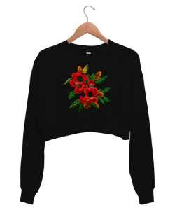 ÇİÇEK Siyah Kadın Crop Sweatshirt