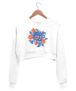 Çicek ve Kurukafa - Flower Skull Beyaz Kadın Crop Sweatshirt