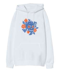 Çicek ve Kurukafa - Flower Skull Beyaz Oversize Unisex Kapüşonlu Sweatshirt