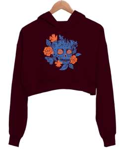 Çicek ve Kurukafa - Flower Skull Bordo Kadın Crop Hoodie Kapüşonlu Sweatshirt