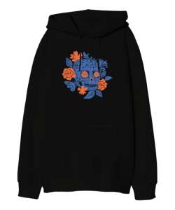 Çicek ve Kurukafa - Flower Skull Siyah Oversize Unisex Kapüşonlu Sweatshirt