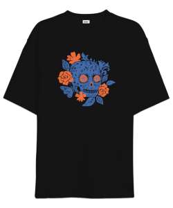 Çicek ve Kurukafa - Flower Skull Siyah Oversize Unisex Tişört