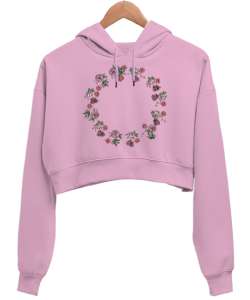 Çiçekler Pembe Kadın Crop Hoodie Kapüşonlu Sweatshirt