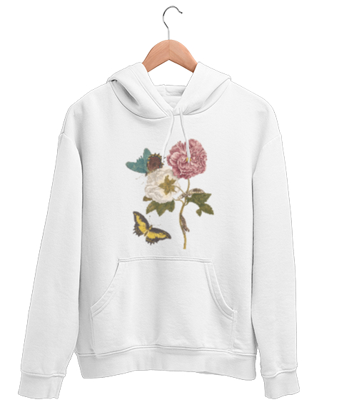 Tisho - Çiçekler ve kelebekler Beyaz Unisex Kapşonlu Sweatshirt