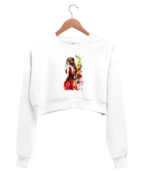 Çiçeklere bürünmüş kız Beyaz Kadın Crop Sweatshirt