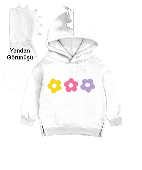 Tisho - Çiçekli Beyaz Çocuk Dinozor Kapşonlu Hoodie