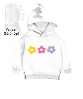 Çiçekli Beyaz Çocuk Dinozor Kapşonlu Hoodie - Thumbnail