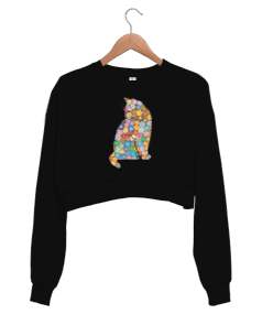 Çiçekli Havalı Şirin Kedi Kadın Crop Sweatshirt