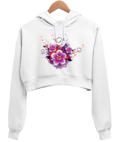 Çiçekli Kadın Crop Hoodie Kapüşonlu Sweatshirt