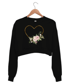 Çiçekli Kalp Baskılı Kadın Crop Sweatshirt