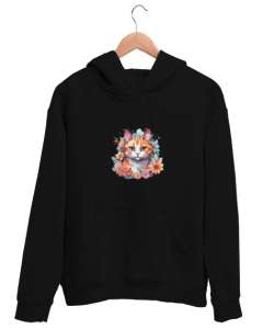 çiçekli kedi Siyah Unisex Kapşonlu Sweatshirt