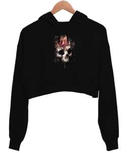 Çiçekli Kurukafa - Skull Sırt Taraflı Siyah Kadın Crop Hoodie Kapüşonlu Sweatshirt