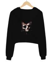 Çiçekli Kurukafa - Skull Sırt Taraflı Siyah Kadın Crop Hoodie Kapüşonlu Sweatshirt - Thumbnail