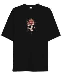 Çiçekli Kurukafa - Skull Sırt Taraflı Siyah Oversize Unisex Tişört