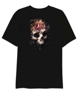 Çiçekli Kurukafa - Skull Sırt Taraflı Siyah Oversize Unisex Tişört