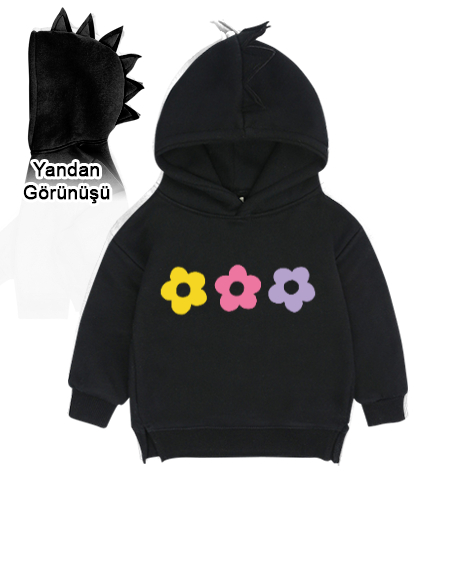 Tisho - Çiçekli Siyah Çocuk Dinozor Kapşonlu Hoodie