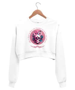 Çiçekli ve Pembe Renk Kurukafa_01 Beyaz Kadın Crop Sweatshirt