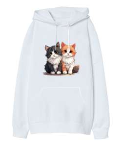 Çift kedi Baskılı Beyaz Oversize Unisex Kapüşonlu Sweatshirt