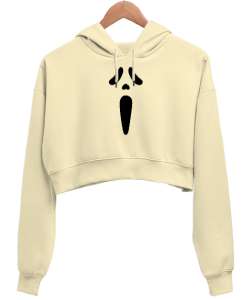 Çığlık Maske - Scream Krem Kadın Crop Hoodie Kapüşonlu Sweatshirt