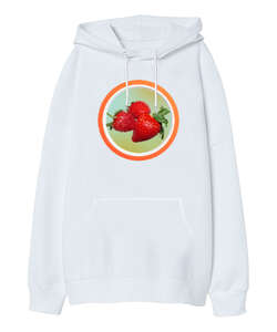 Çilek - Strawberry Beyaz Oversize Unisex Kapüşonlu Sweatshirt