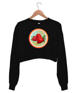 Çilek - Strawberry Siyah Kadın Crop Sweatshirt