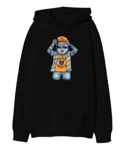 Çılgın kedi Siyah Oversize Unisex Kapüşonlu Sweatshirt