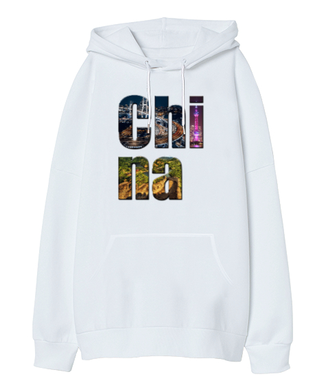 Çin - China Beyaz Oversize Unisex Kapüşonlu Sweatshirt