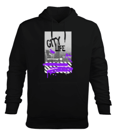 City Life Tasarım Baskılı Erkek Kapüşonlu Hoodie Sweatshirt