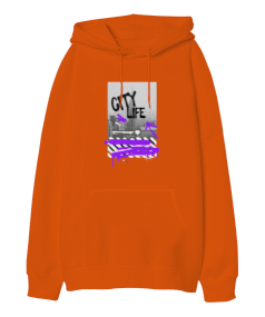 City Life Tasarım Baskılı Oversize Unisex Kapüşonlu Sweatshirt